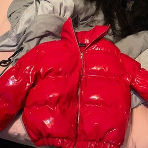 prettylittlething red cropped puffer jacket